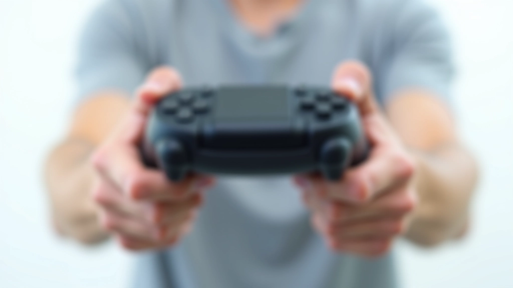 Hands holding VR controller against blurred virtual environment with colorful interface elements