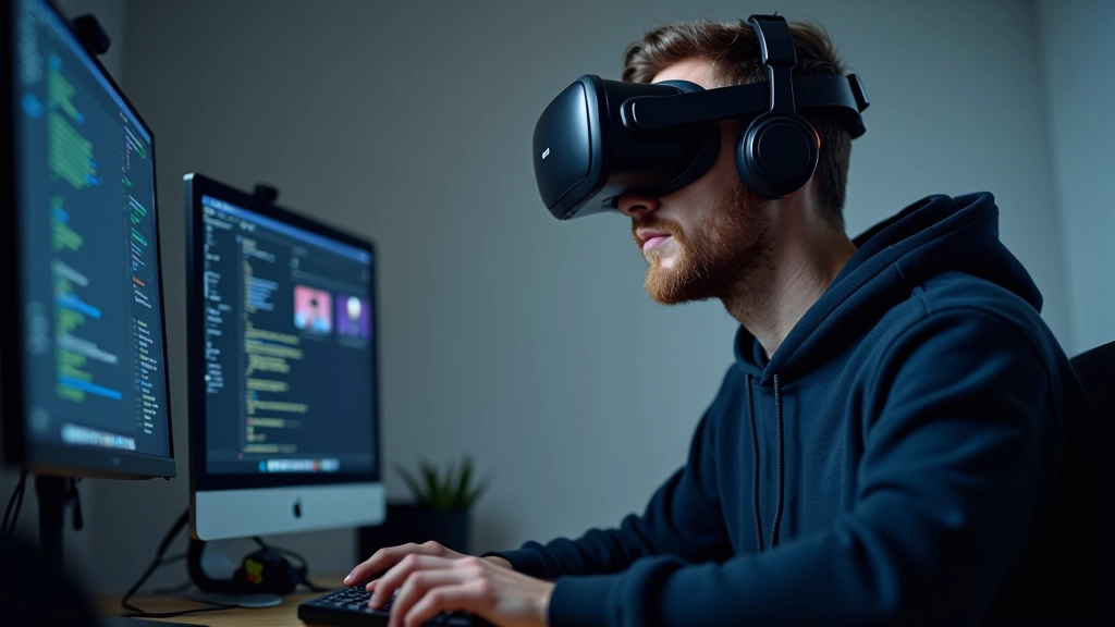 VR developer wearing headset at workstation with multiple monitors displaying game environment