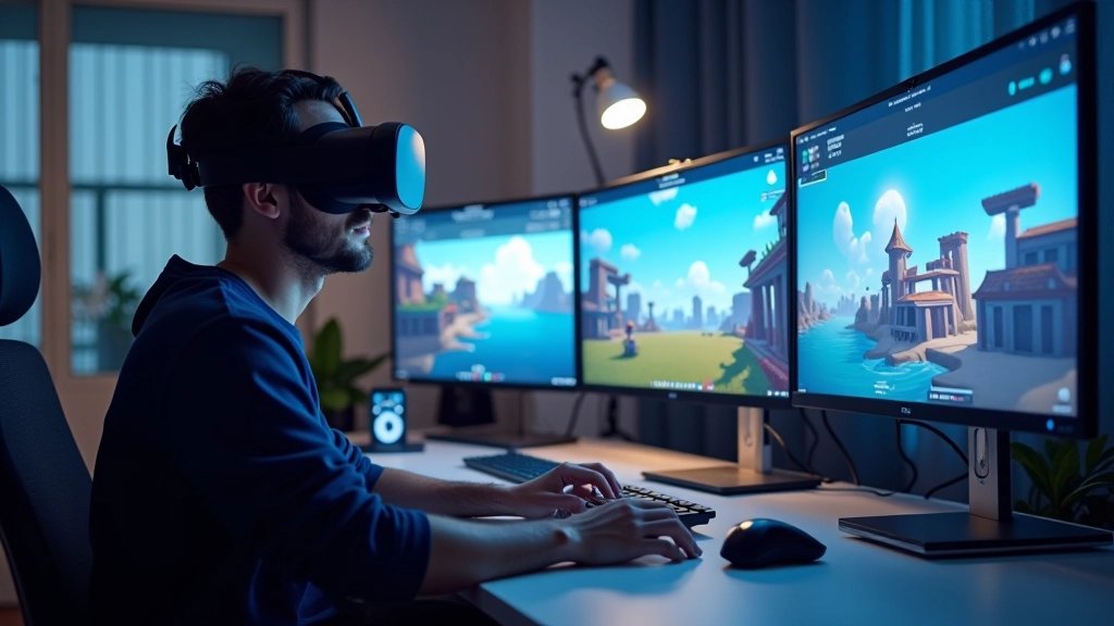 VR developer workspace with headset and multiple monitors displaying game environment